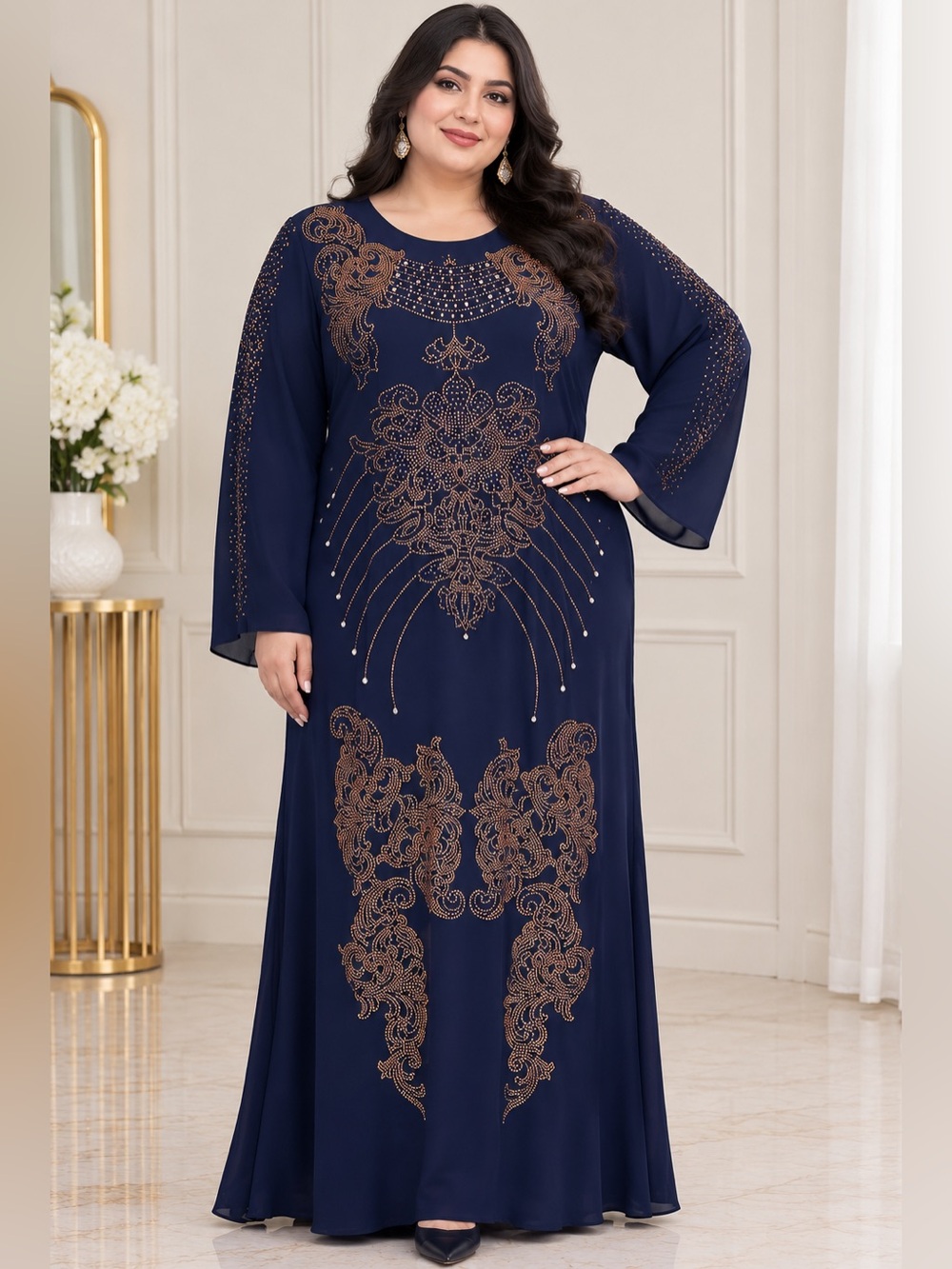 Navy Embroidered Maxi Dress with Metallic Accents
